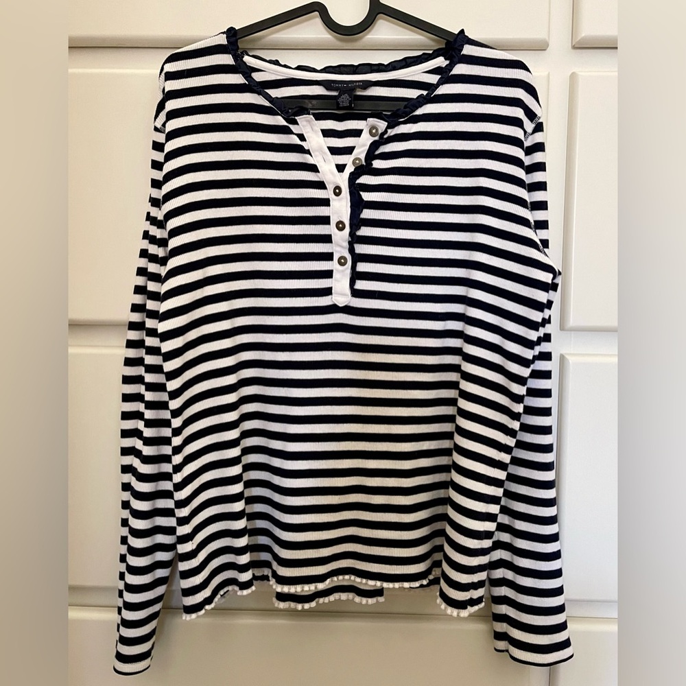 Tommy Hilfiger Blue and White Striped Long Sleeve Top